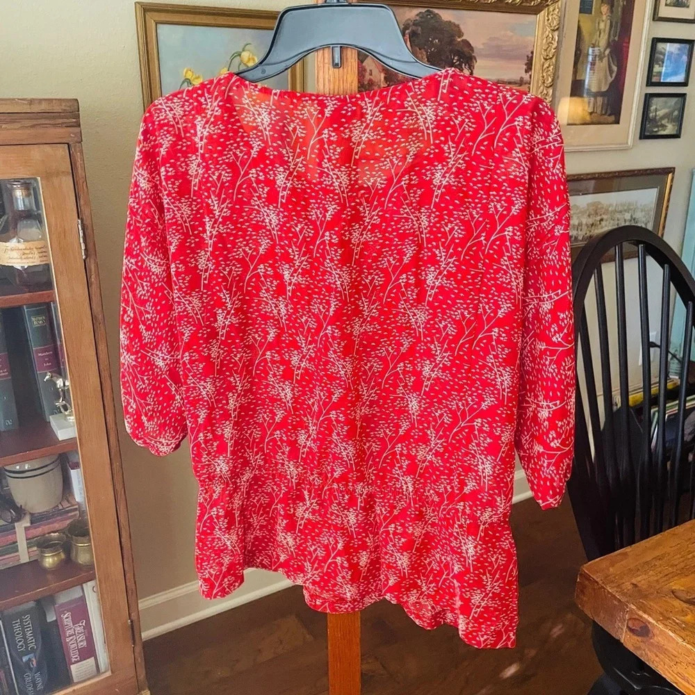 Mossimo women’s sheer pleated 3/4 sleeve blouse elastic waist SZ S brick red - Picture 7 of 9